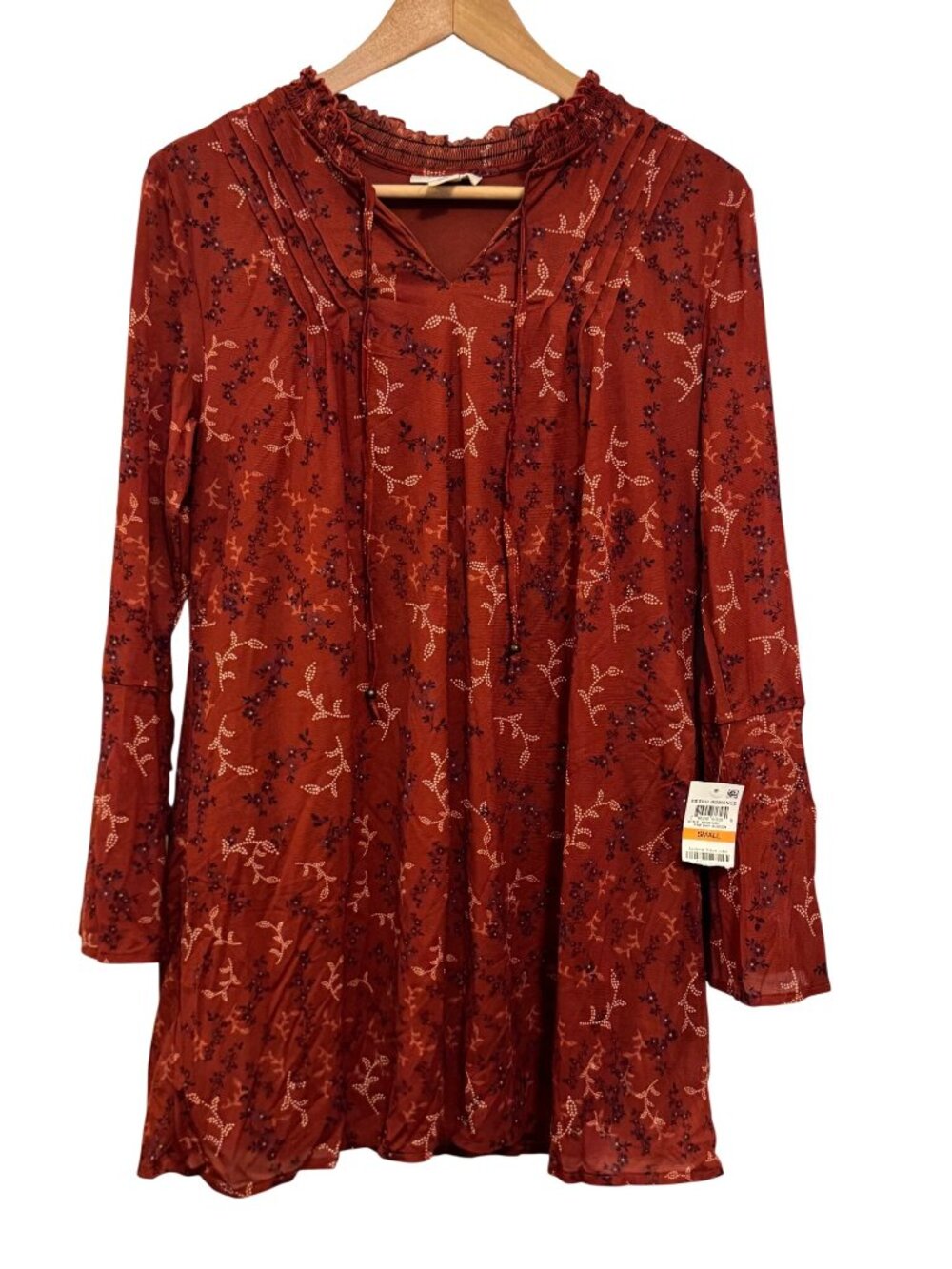 Style & Co Small Auburn Floral Tunic Dress With Smocked Neckline 100% Nylon